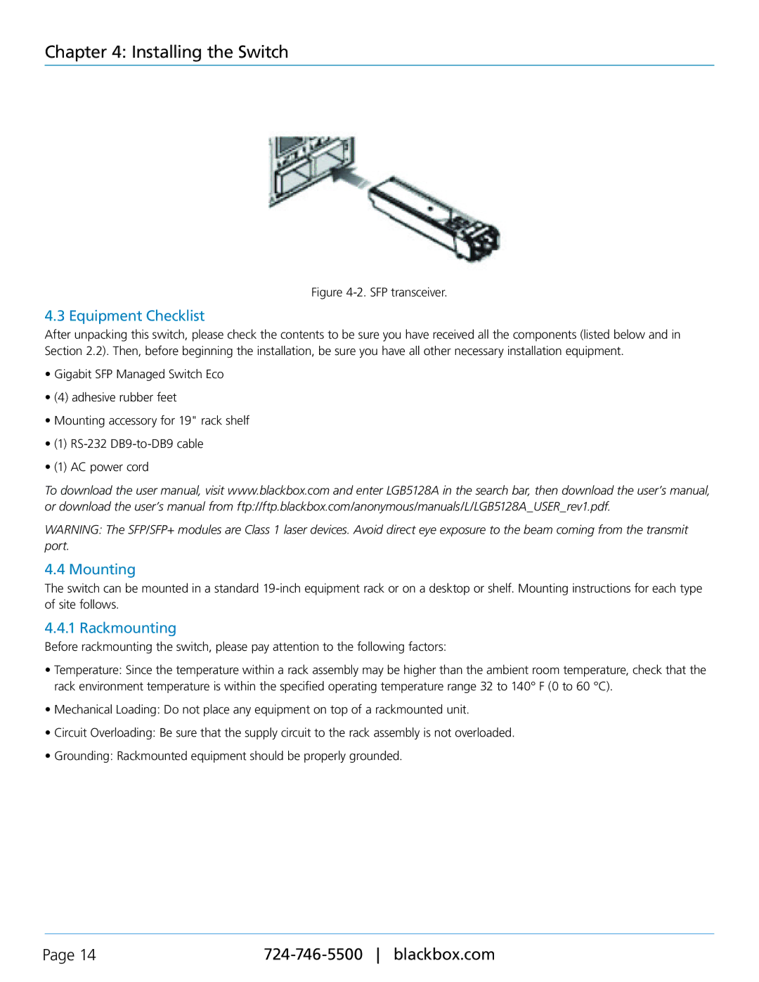 Black Box LGB5128A, Black Box SFP Managed Switch Eco quick start Equipment Checklist, Mounting, Rackmounting 