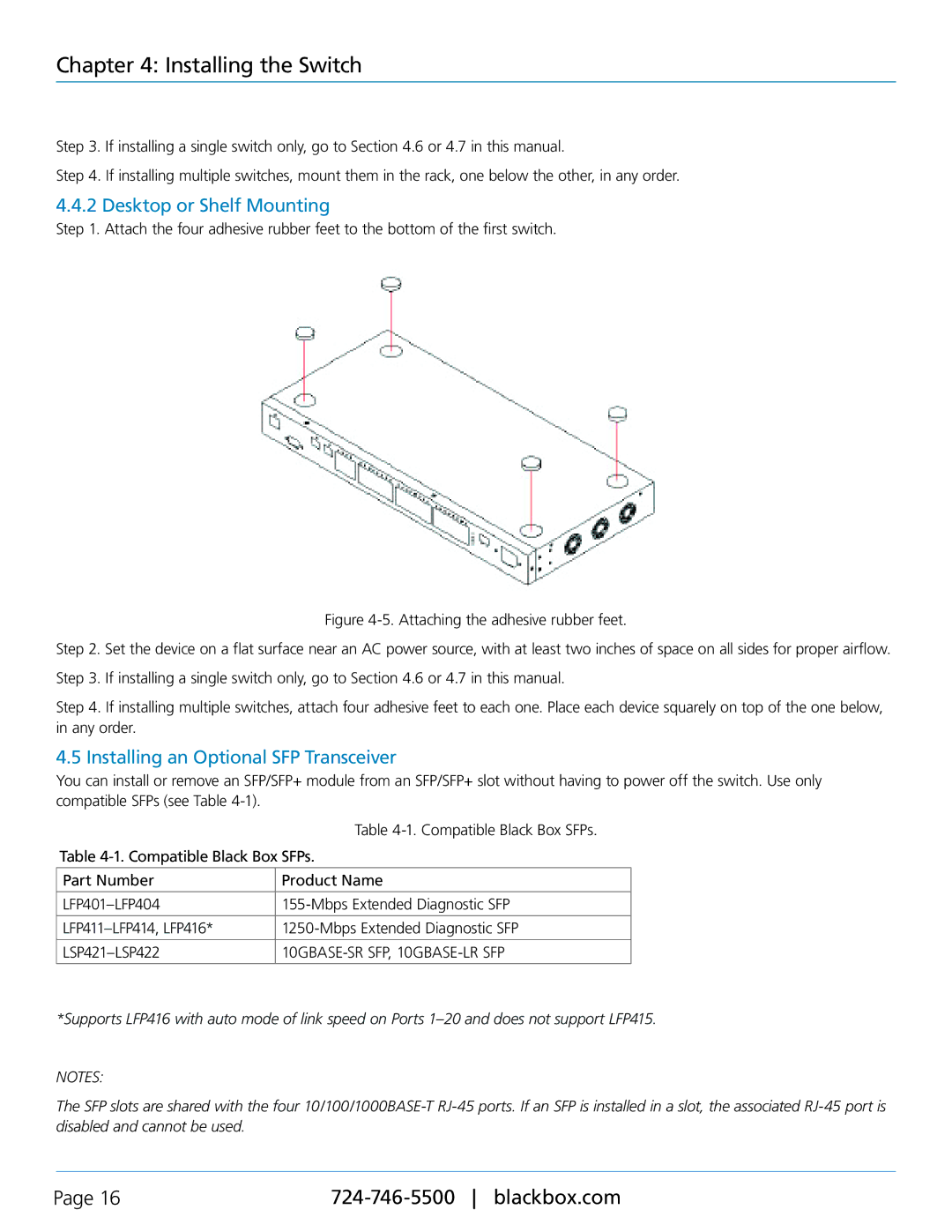 Black Box LGB5128A, Black Box SFP Managed Switch Eco Desktop or Shelf Mounting, Installing an Optional SFP Transceiver 