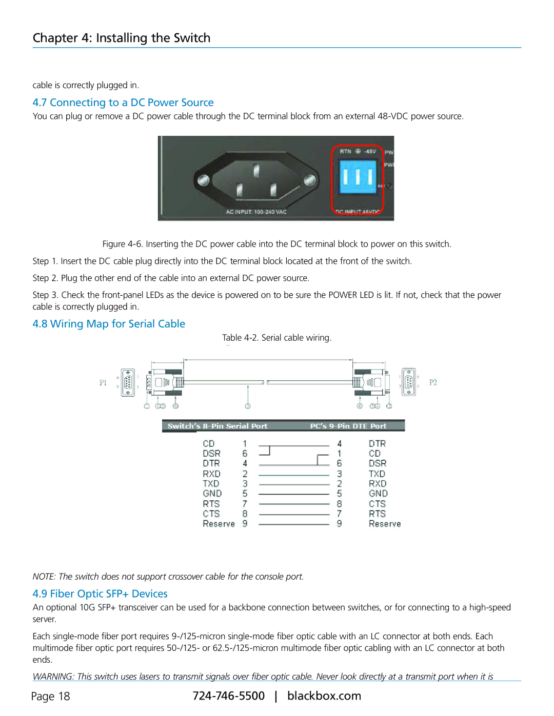 Black Box LGB5128A quick start Connecting to a DC Power Source, Wiring Map for Serial Cable, Fiber Optic SFP+ Devices 