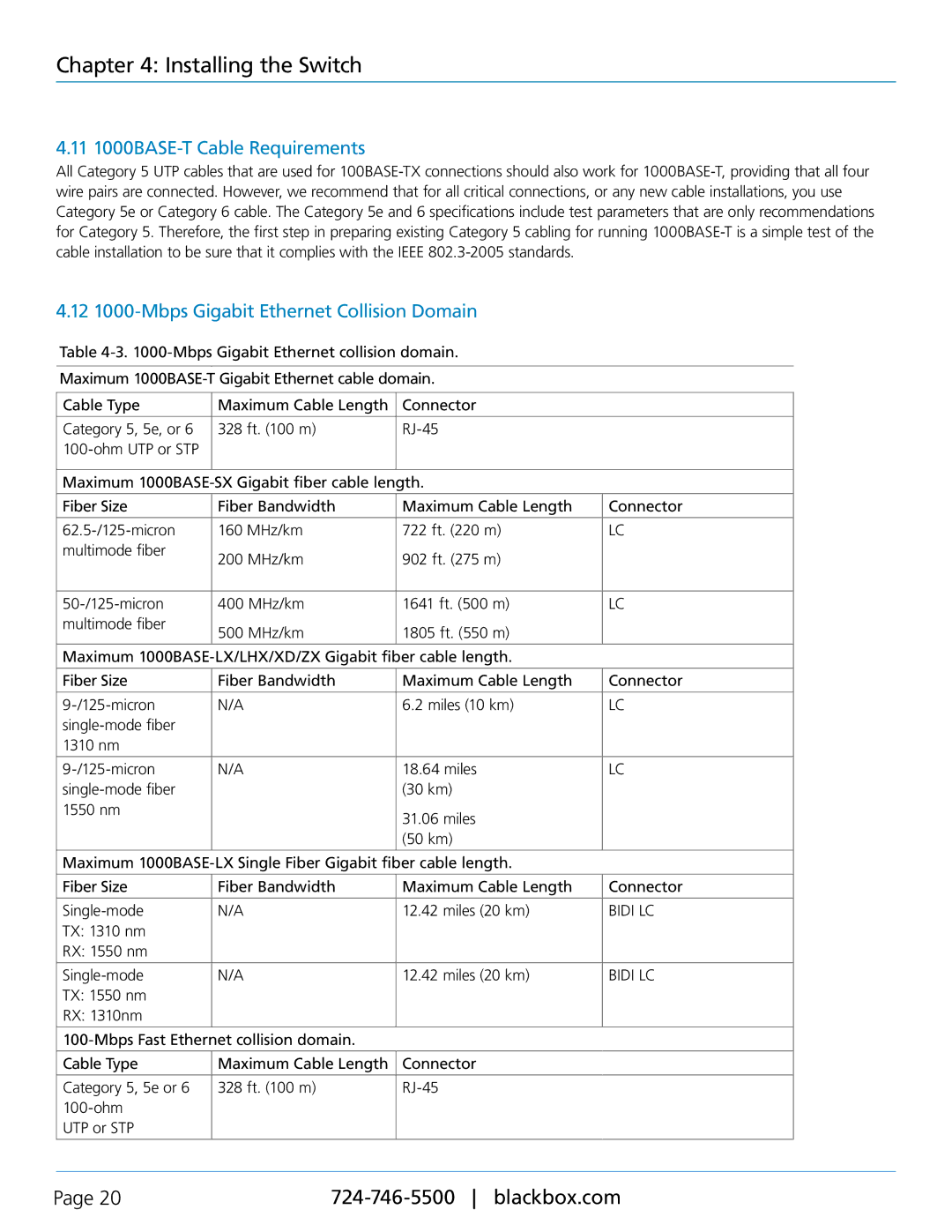 Black Box LGB5128A quick start 11 1000BASE-T Cable Requirements, 12 1000-Mbps Gigabit Ethernet Collision Domain 