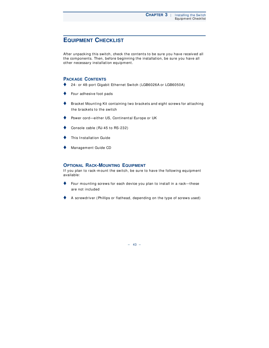 Black Box LGB6000SC-001, LGB6001C, LGB6000SC-004 Equipment Checklist, Package Contents, Optional RACK-MOUNTING Equipment 