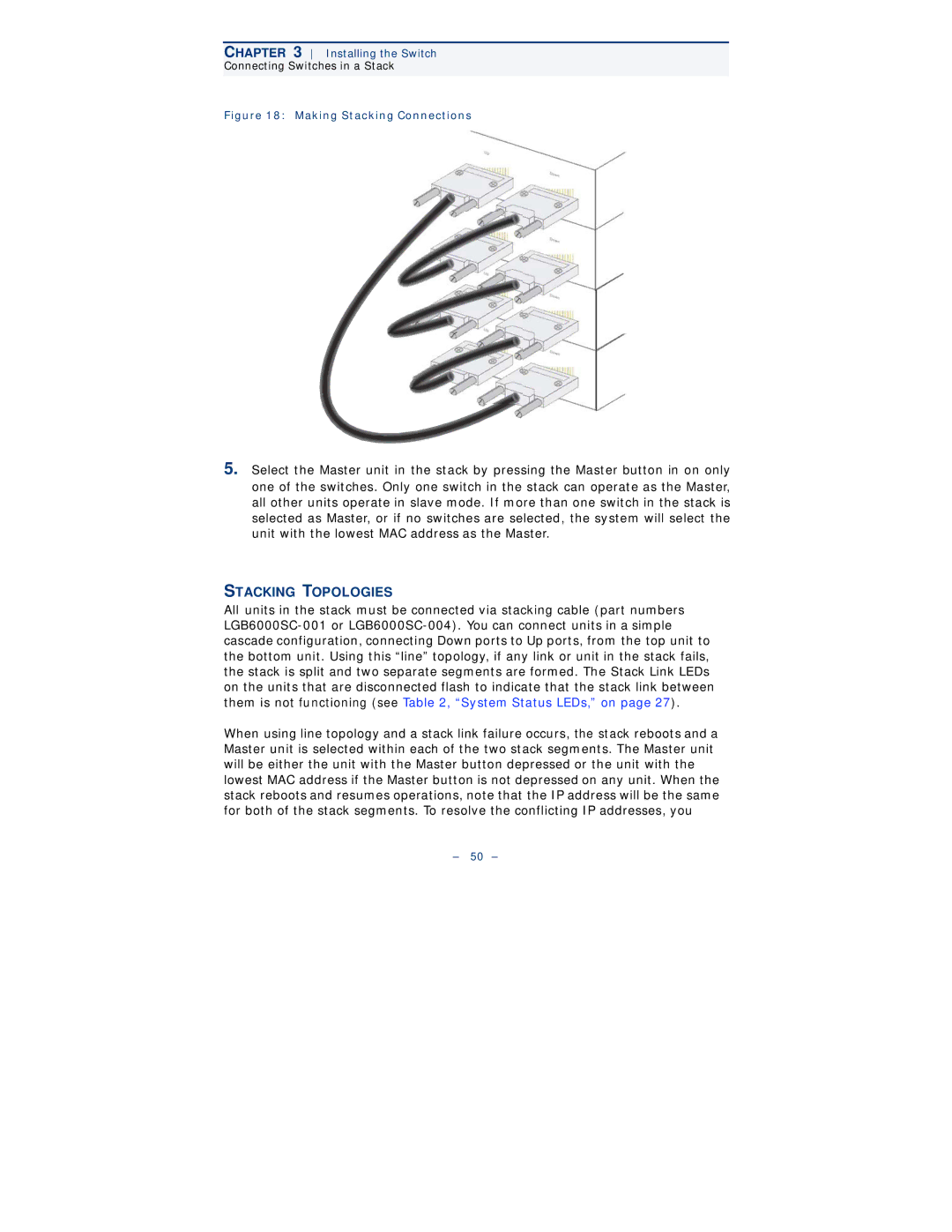 Black Box LGB6000SC-004, LGB6001C, LGB6000SC-001, LGB6026A, LGB6050A manual Stacking Topologies, Making Stacking Connections 