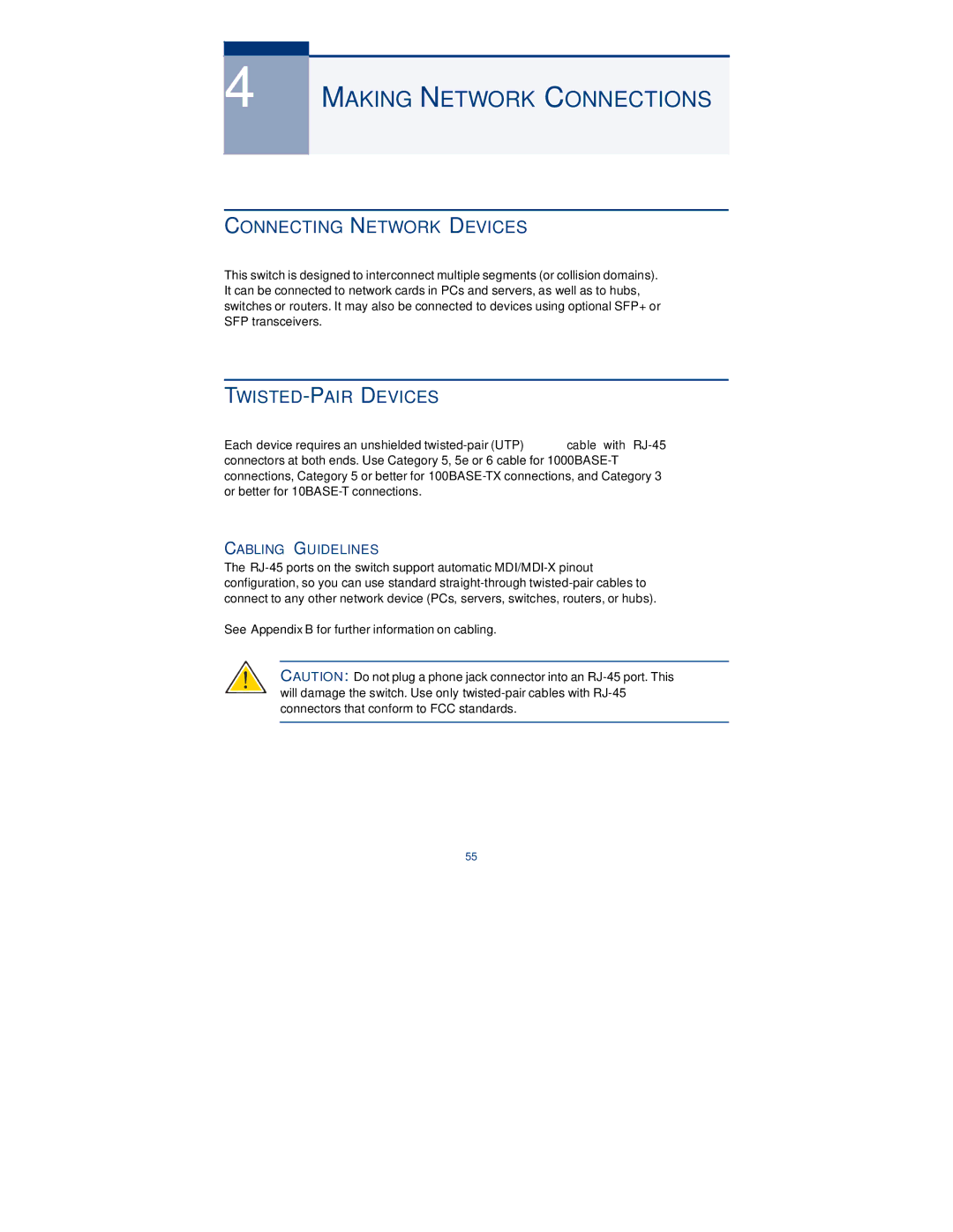 Black Box LGB6000SC-001 Making Network Connections, Connecting Network Devices, TWISTED-PAIR Devices, Cabling Guidelines 