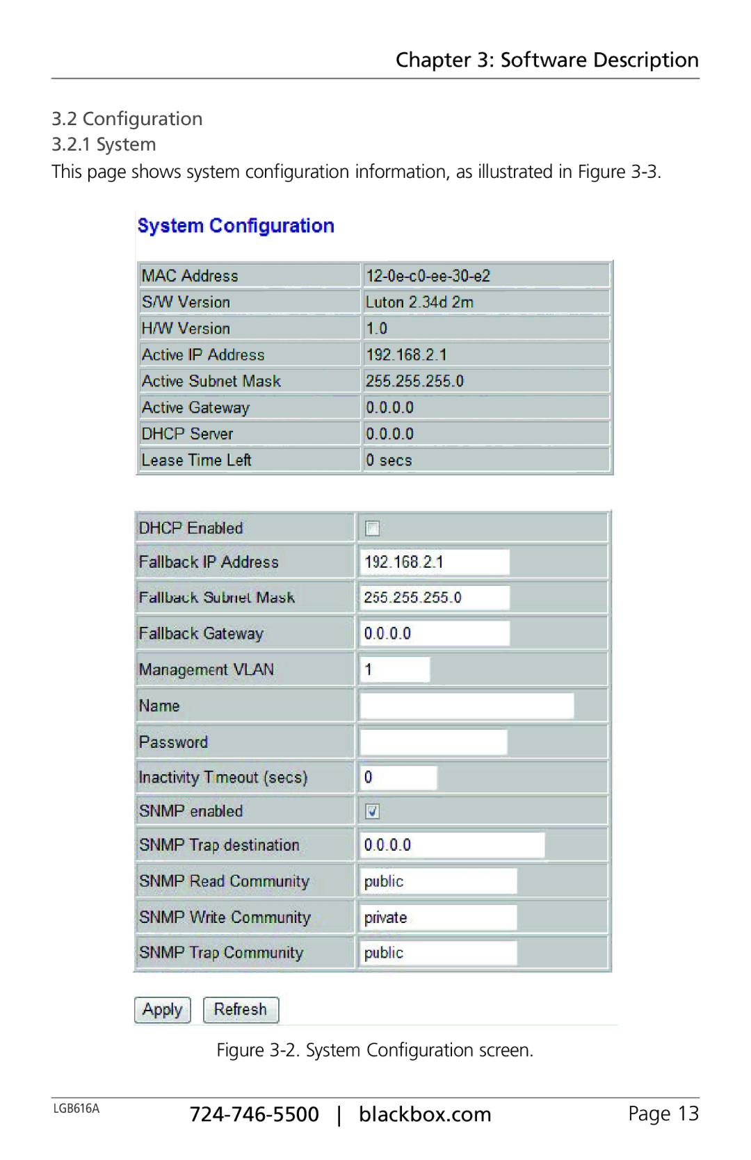 Black Box BLACK BOX 16-Port Web Smart Gigabit Ethernet Switch Configuration 3.2.1 System, System Configuration screen 