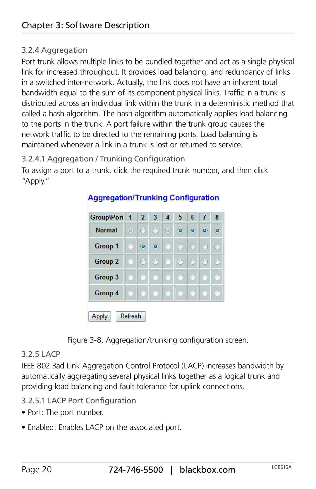 Black Box LGB616A manual Aggregation / Trunking Configuration, Lacp Port Configuration 