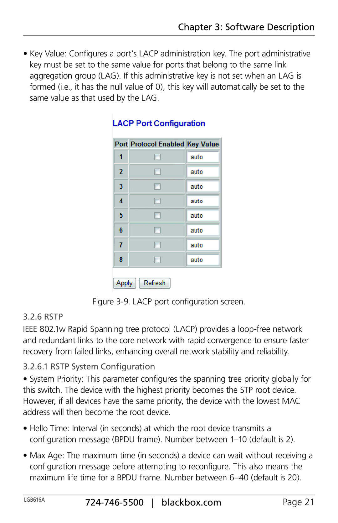 Black Box BLACK BOX 16-Port Web Smart Gigabit Ethernet Switch, LGB616A manual Rstp System Configuration 