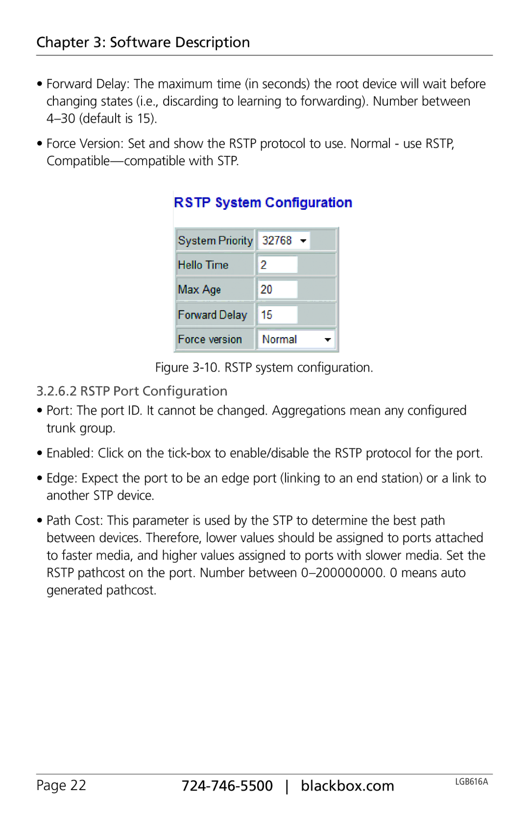 Black Box LGB616A, BLACK BOX 16-Port Web Smart Gigabit Ethernet Switch Rstp system configuration, Rstp Port Configuration 