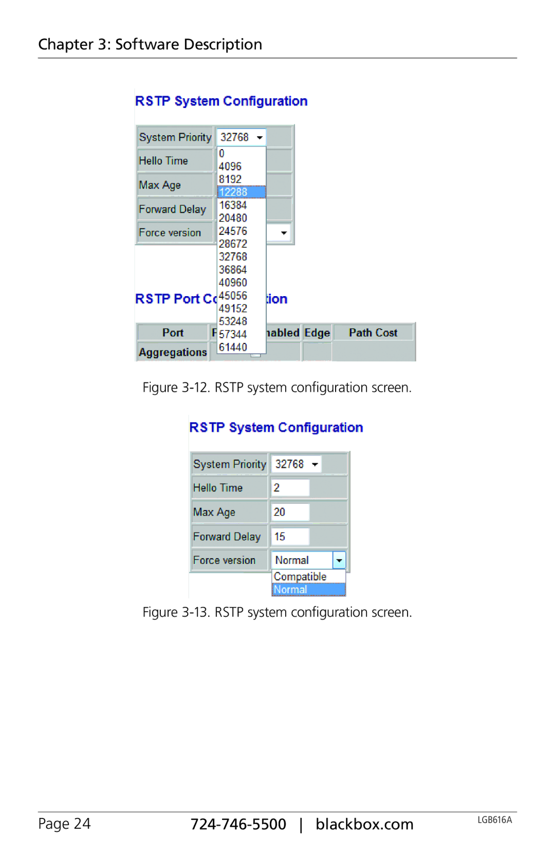 Black Box LGB616A, BLACK BOX 16-Port Web Smart Gigabit Ethernet Switch manual Rstp system configuration screen 