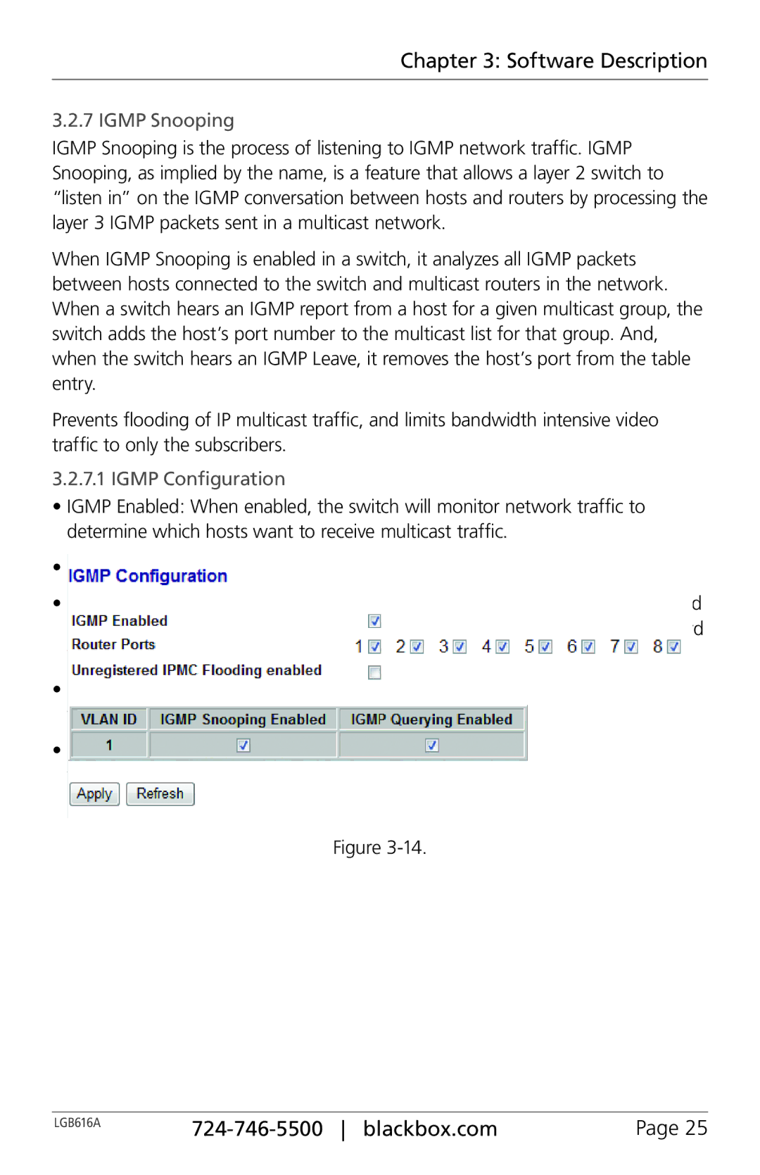 Black Box BLACK BOX 16-Port Web Smart Gigabit Ethernet Switch, LGB616A manual Igmp Snooping, Igmp Configuration 