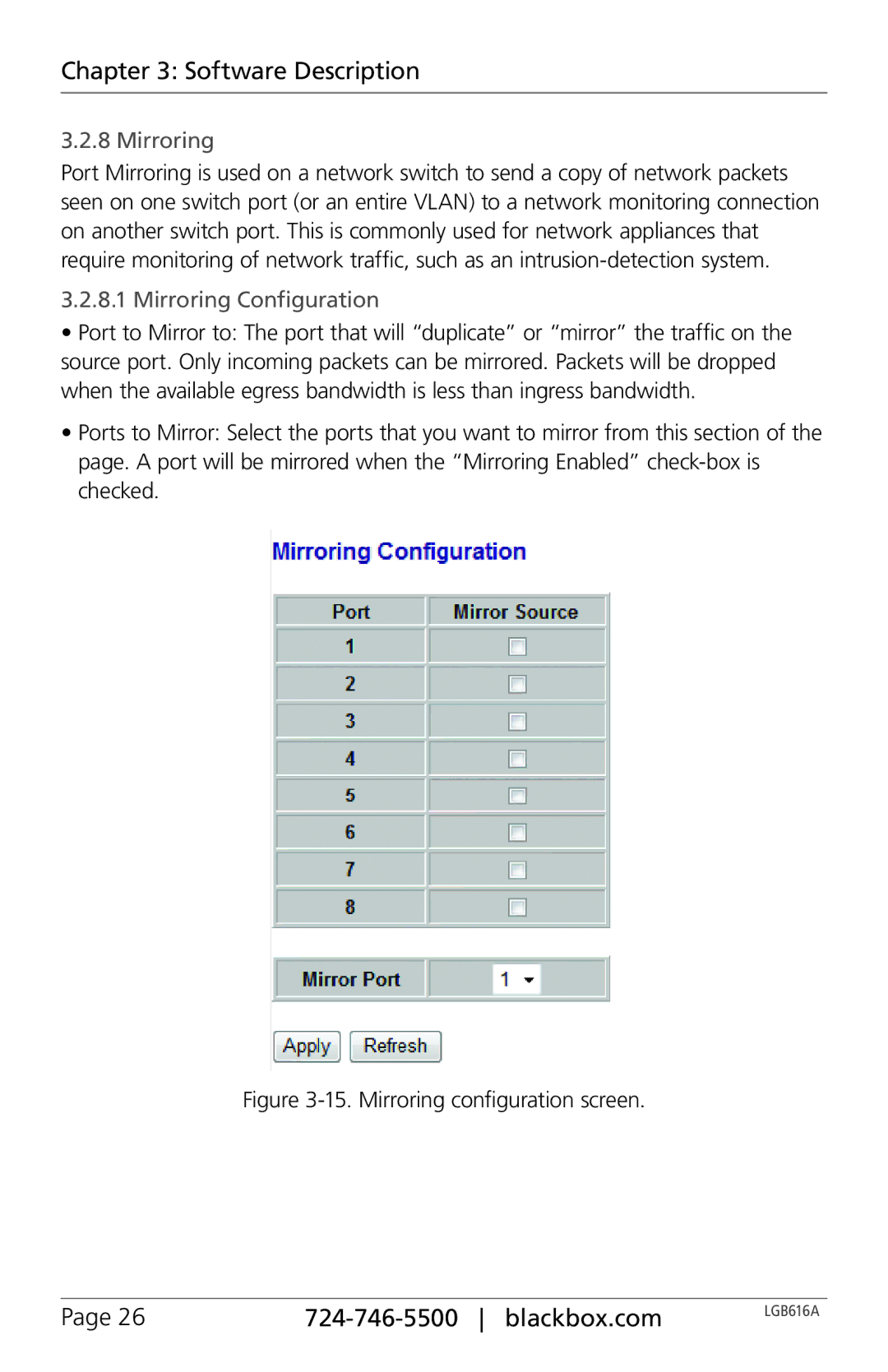 Black Box LGB616A, BLACK BOX 16-Port Web Smart Gigabit Ethernet Switch manual Mirroring Configuration 