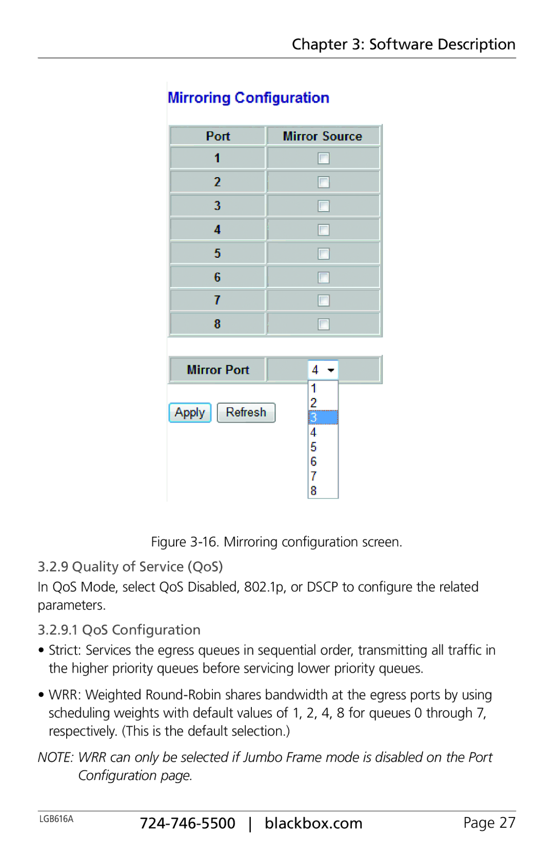 Black Box BLACK BOX 16-Port Web Smart Gigabit Ethernet Switch, LGB616A manual Quality of Service QoS, QoS Configuration 