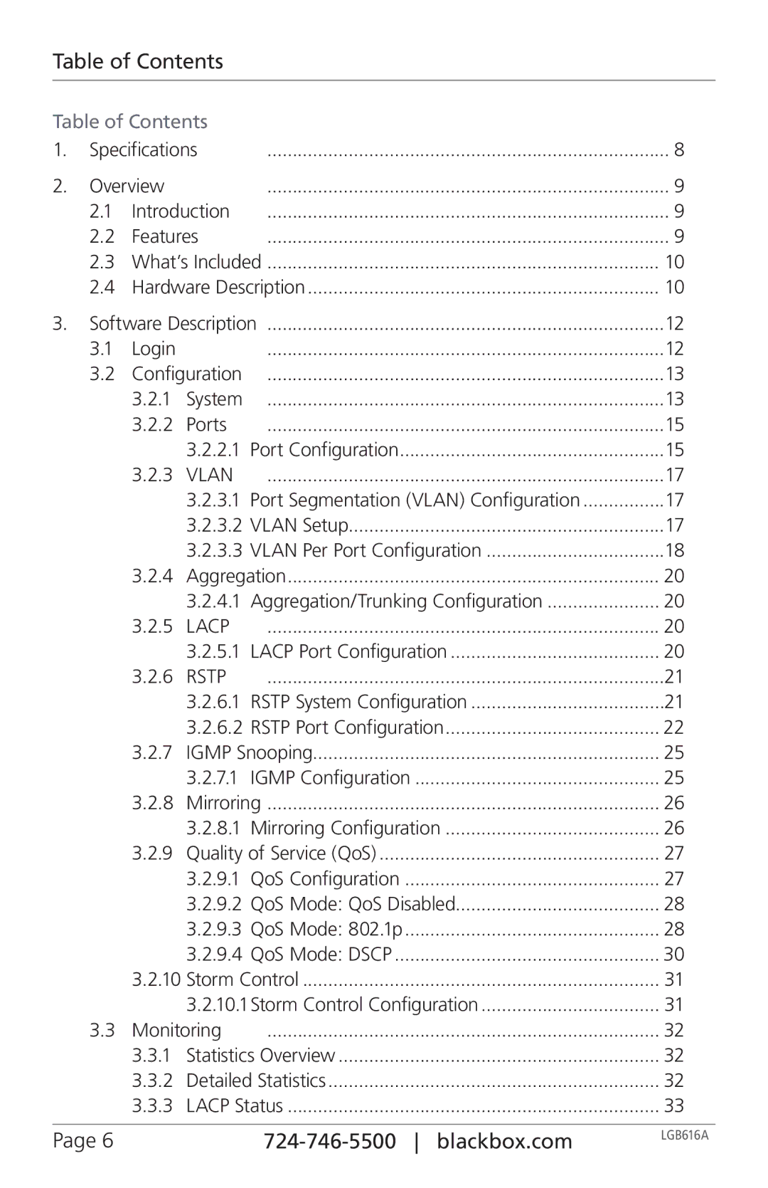 Black Box LGB616A, BLACK BOX 16-Port Web Smart Gigabit Ethernet Switch manual Table of Contents 