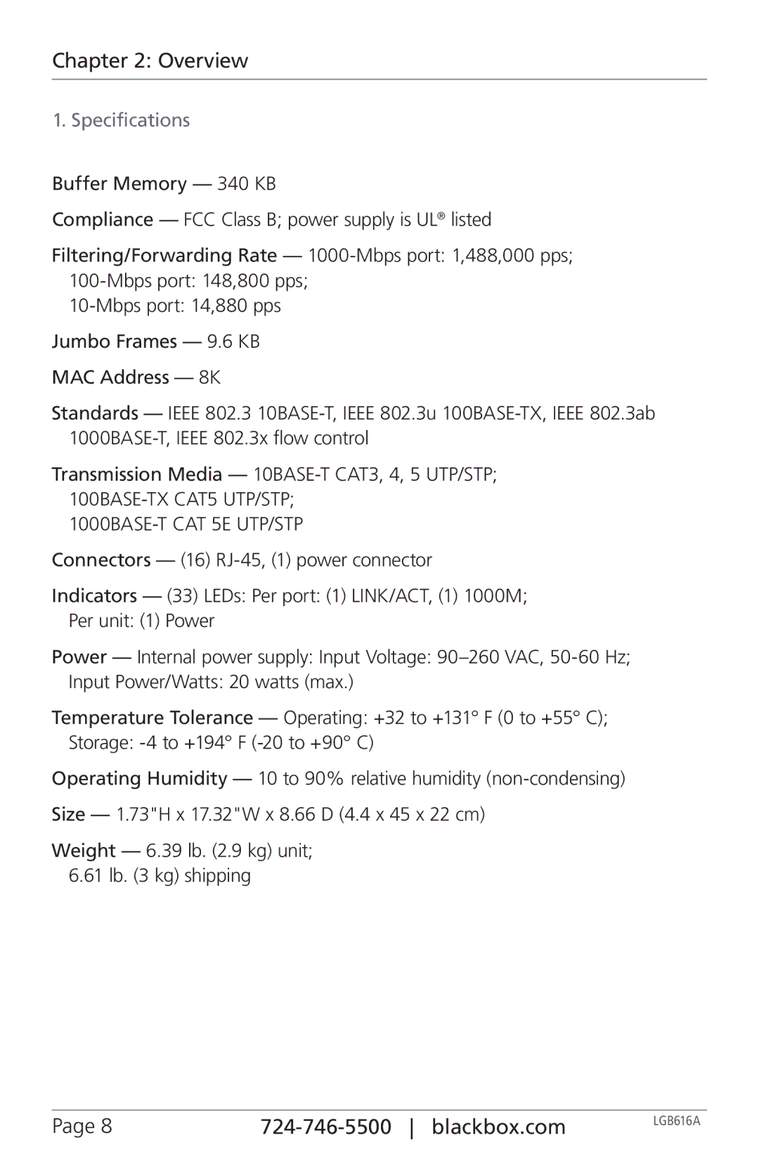 Black Box LGB616A, BLACK BOX 16-Port Web Smart Gigabit Ethernet Switch manual Overview, Specifications 