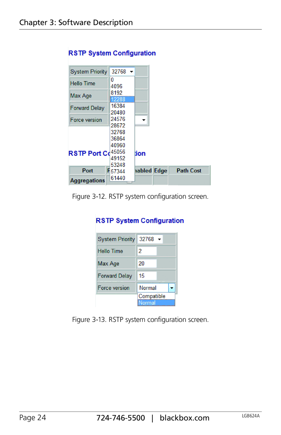 Black Box LGB624A, 24-Port Web Smart Gigabit Ethernet Switch manual Rstp system configuration screen 