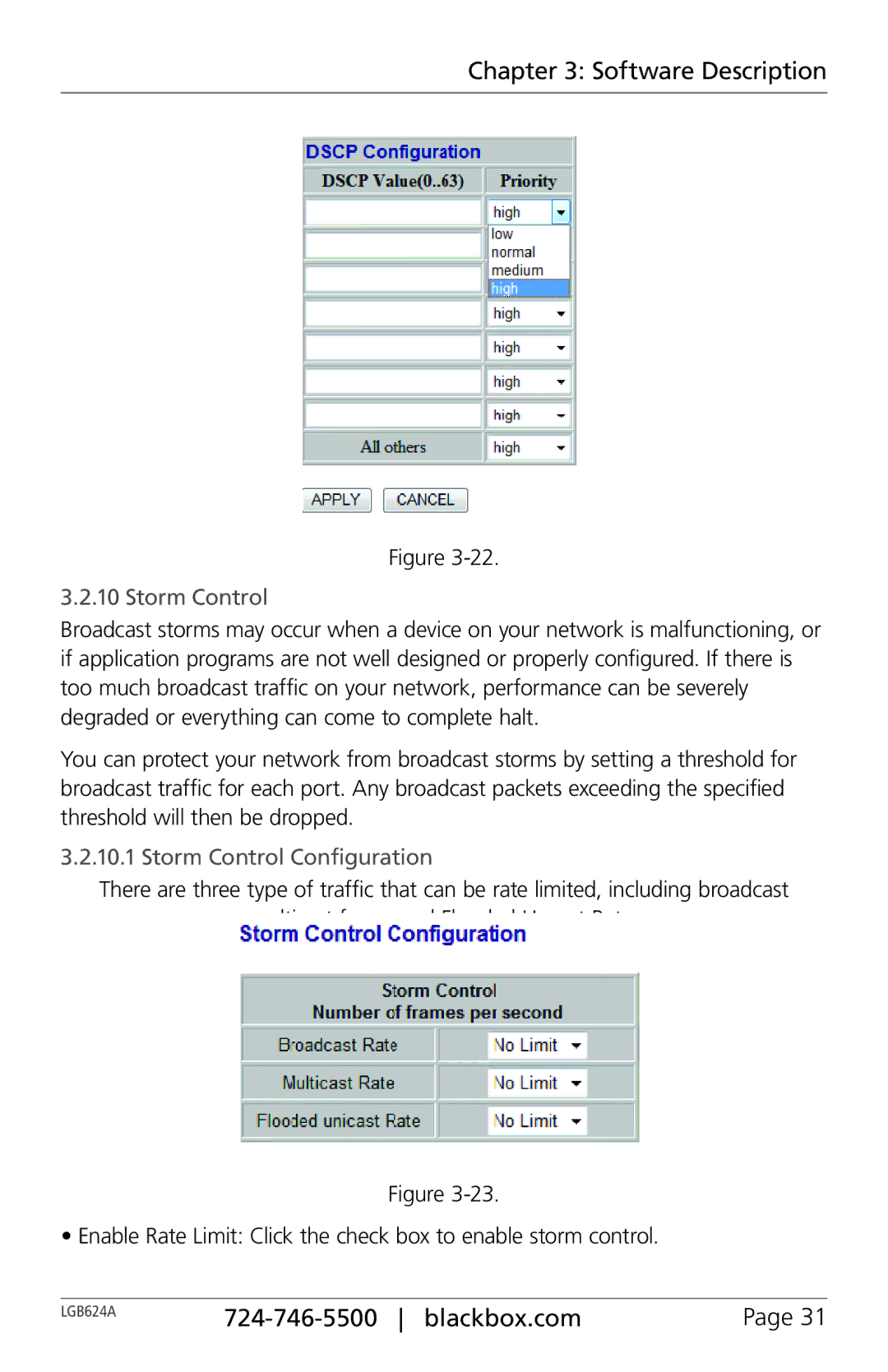 Black Box 24-Port Web Smart Gigabit Ethernet Switch, LGB624A manual Storm Control Configuration 