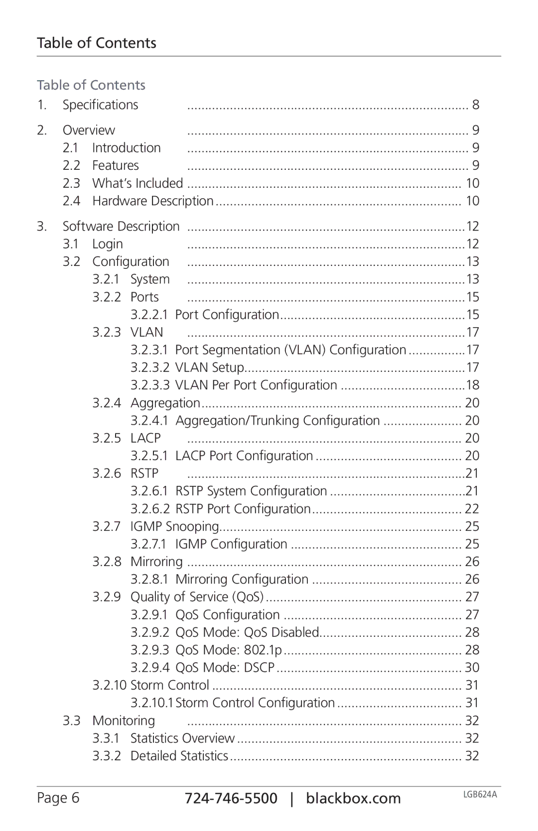 Black Box LGB624A, 24-Port Web Smart Gigabit Ethernet Switch manual Table of Contents 