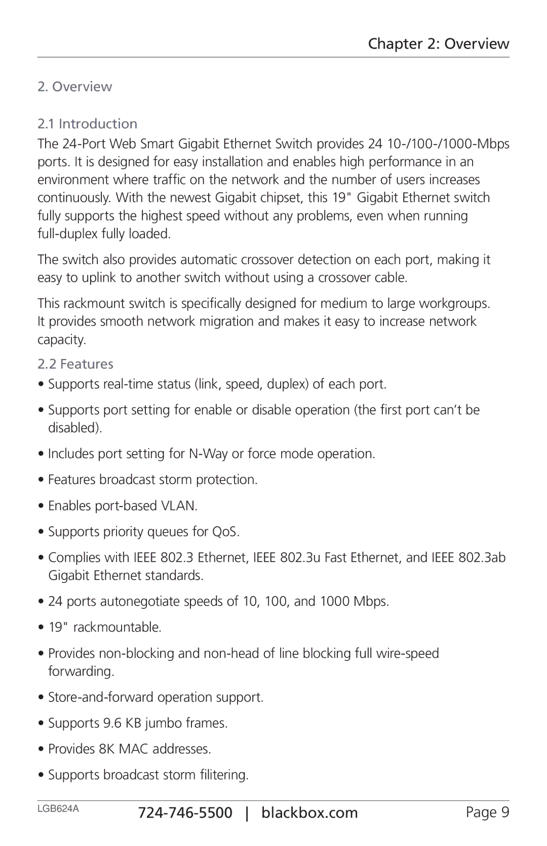 Black Box 24-Port Web Smart Gigabit Ethernet Switch, LGB624A manual Overview Introduction, Features 