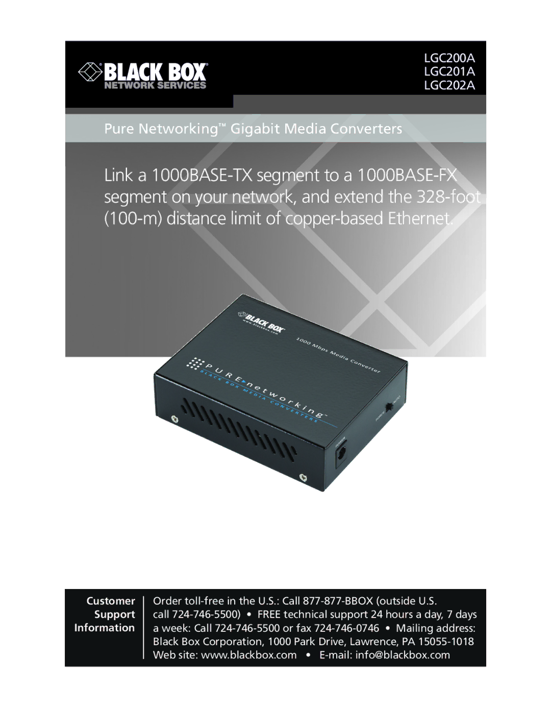 Black Box LGC201A, LGC202A, LGC200A manual Pure Networking Gigabit Media Converters 