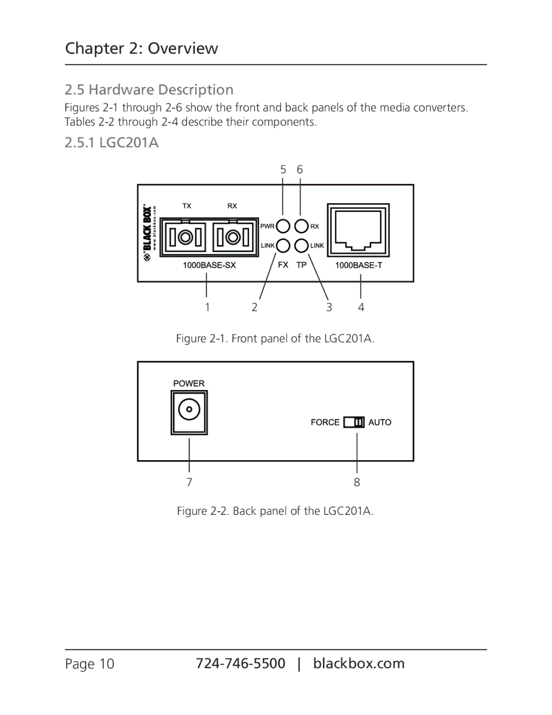 Black Box LGC200A, LGC202A, pure networking gigabit media converters manual Hardware Description, 1 LGC201A 