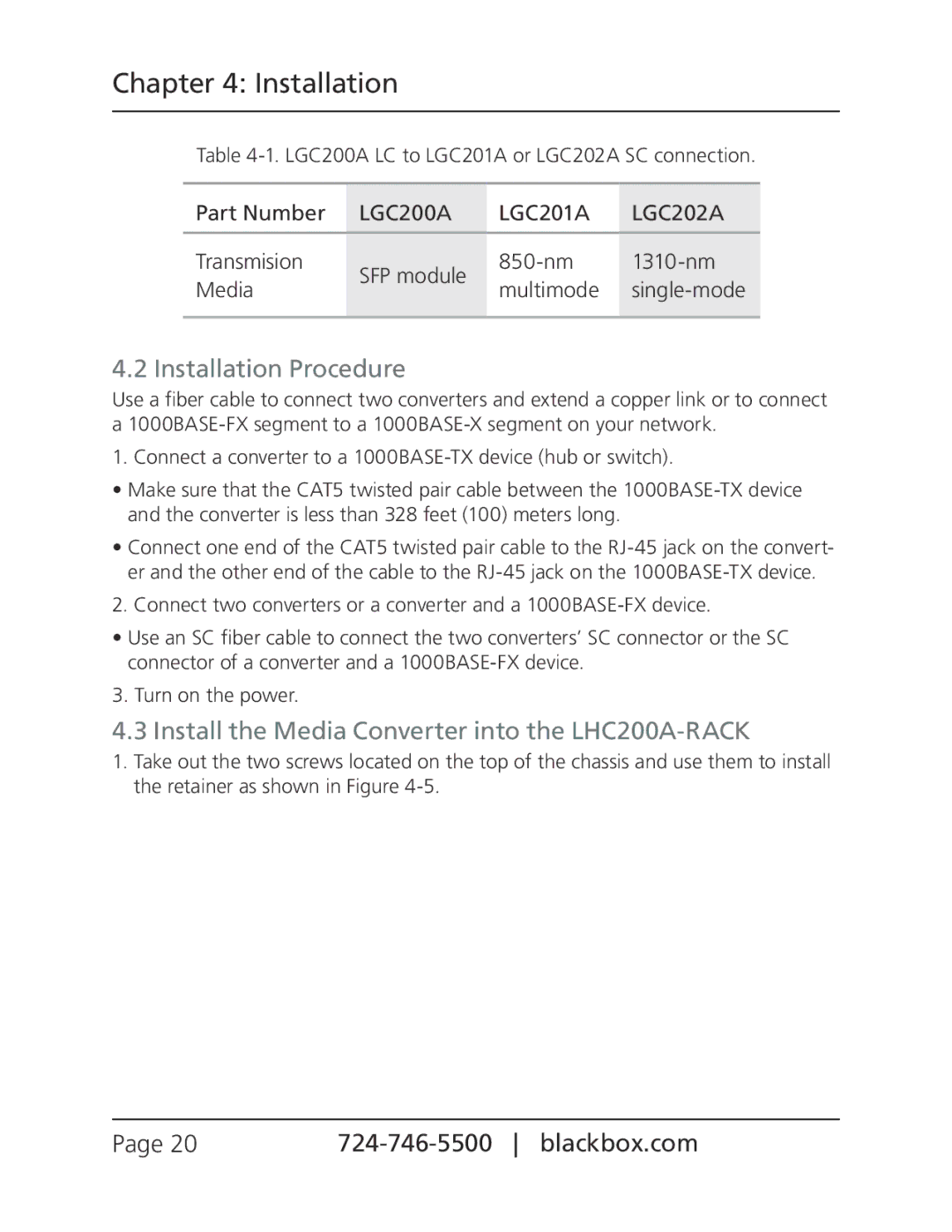 Black Box LGC202A, LGC201A, LGC200A manual Installation Procedure, Install the Media Converter into the LHC200A-RACK 