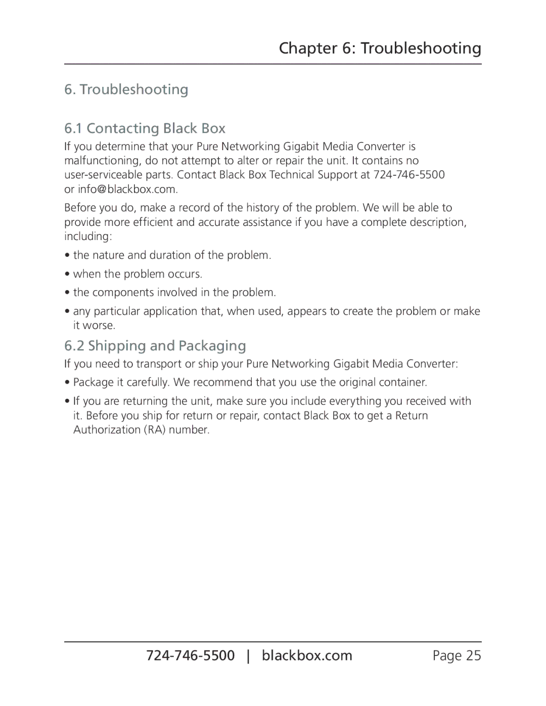 Black Box LGC201A, LGC202A, LGC200A manual Troubleshooting Contacting Black Box, Shipping and Packaging 