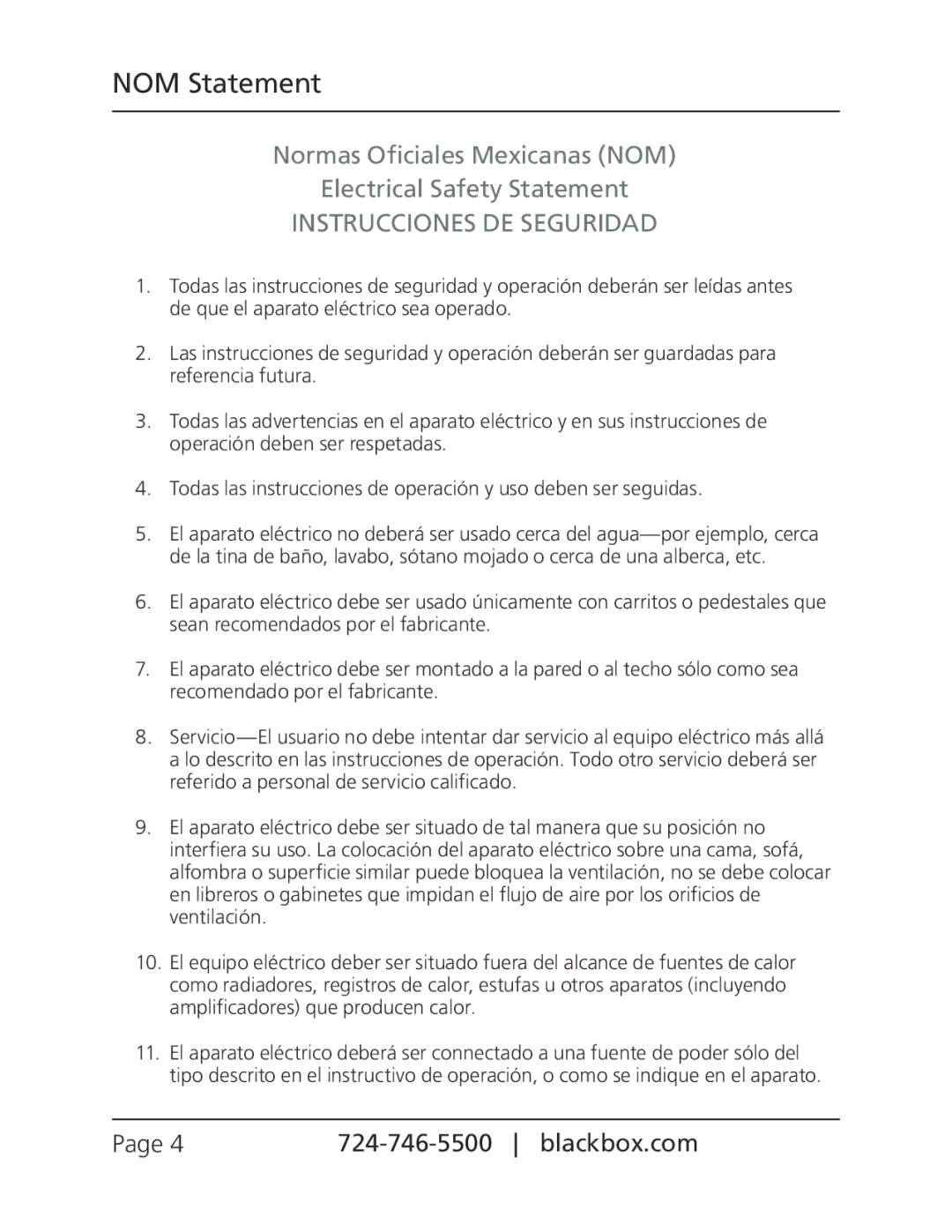 Black Box LGC202A, LGC201A, LGC200A manual NOM Statement, Normas Oficiales Mexicanas NOM Electrical Safety Statement 