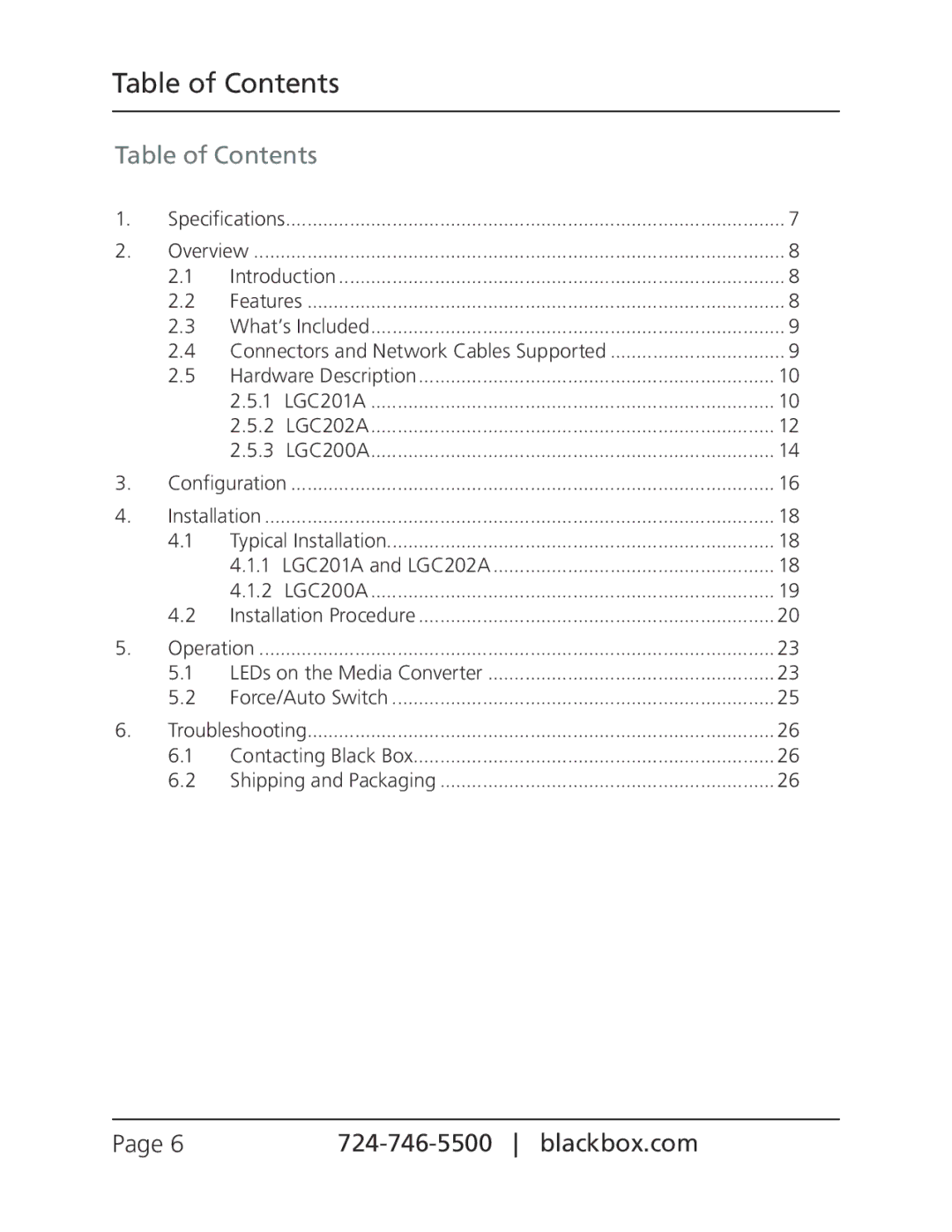 Black Box LGC200A, LGC202A, LGC201A, pure networking gigabit media converters manual Table of Contents 