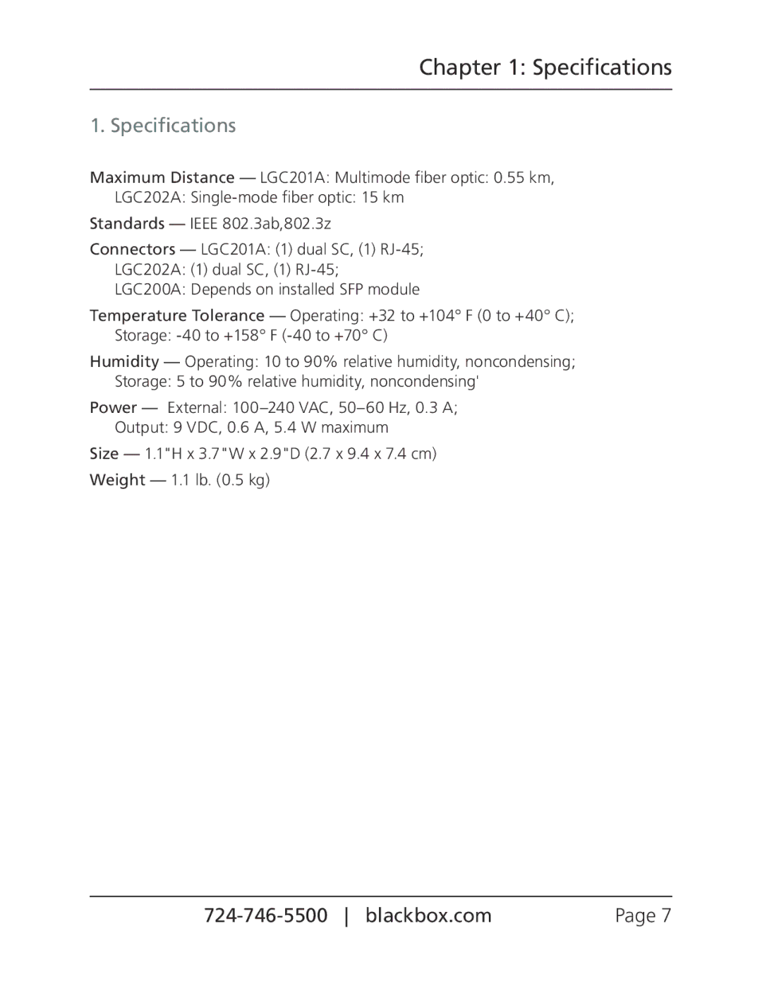 Black Box pure networking gigabit media converters, LGC202A, LGC201A, LGC200A manual Specifications 