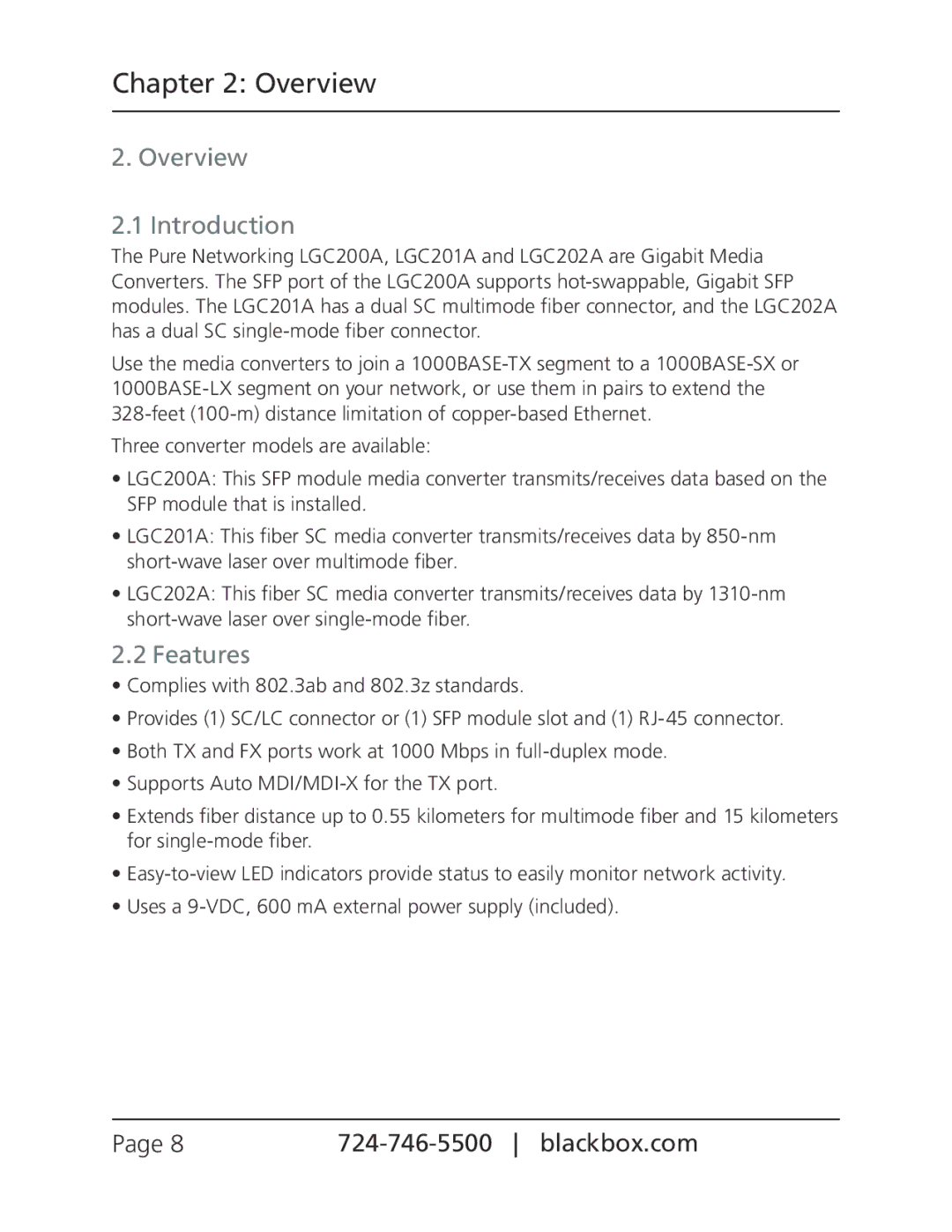 Black Box LGC202A, LGC201A, LGC200A, pure networking gigabit media converters manual Overview Introduction, Features 