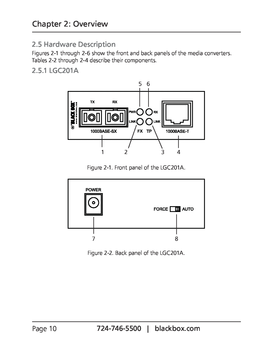 Black Box LGC200A, LGC202A manual Hardware Description, 2.5.1 LGC201A, Overview, Page, 1. Front panel of the LGC201A 