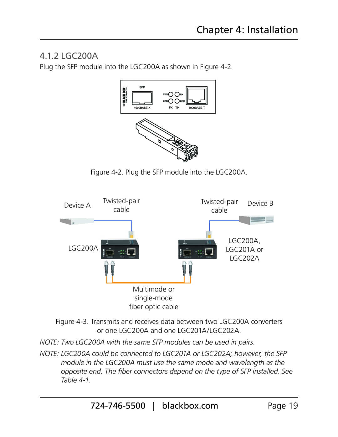 Black Box pure networking gigabit media converters, LGC202A, LGC201A manual 4.1.2 LGC200A, Installation 