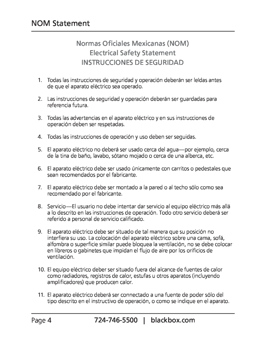 Black Box LGC202A NOM Statement, Normas Oficiales Mexicanas NOM Electrical Safety Statement, Instrucciones De Seguridad 