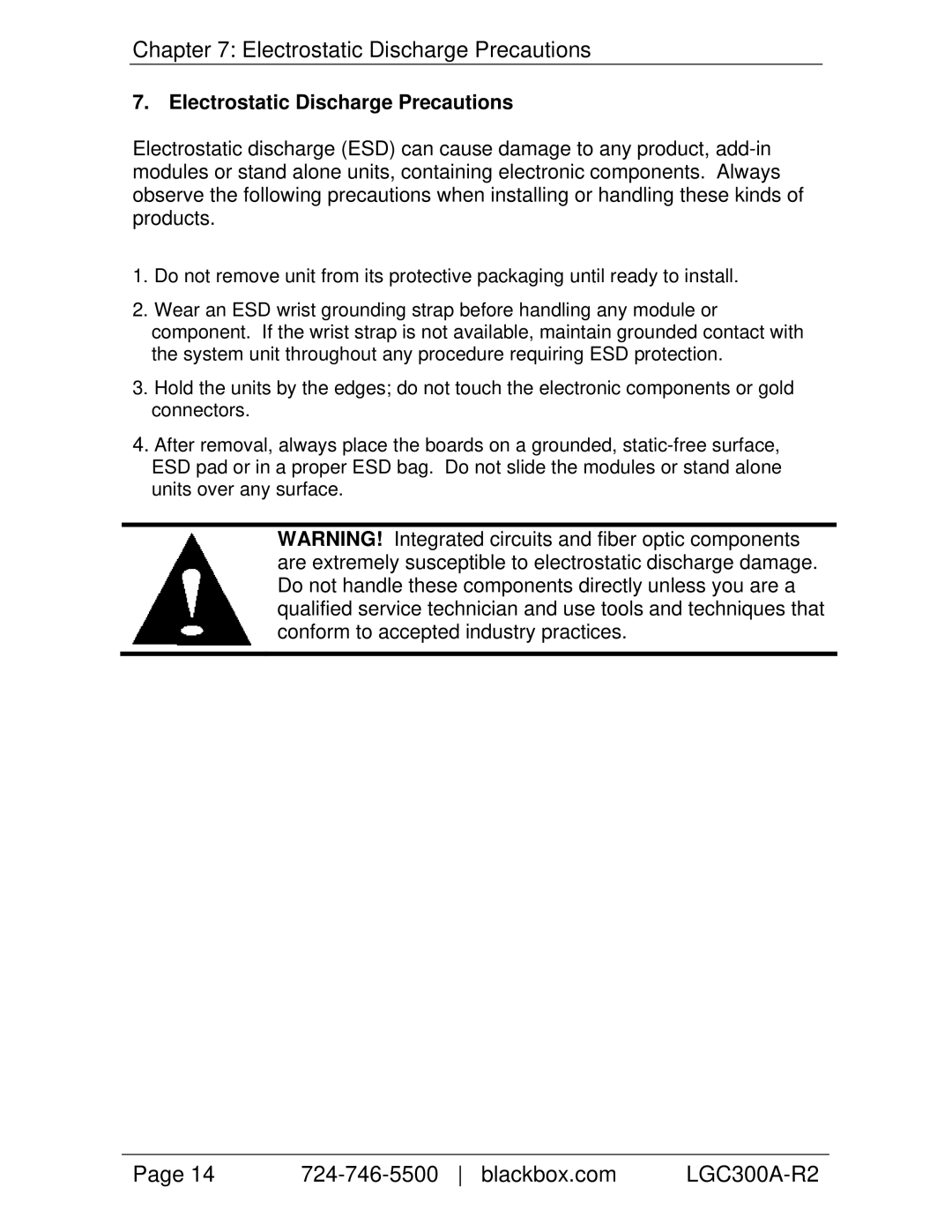 Black Box LGC300A-R2, Industrial SFP/SFP Multi-Power Mode Converter manual Electrostatic Discharge Precautions 