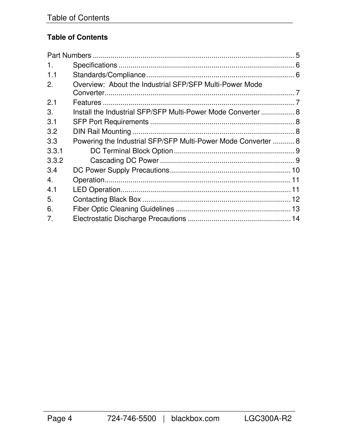 Black Box LGC300A-R2, Industrial SFP/SFP Multi-Power Mode Converter manual Table of Contents 