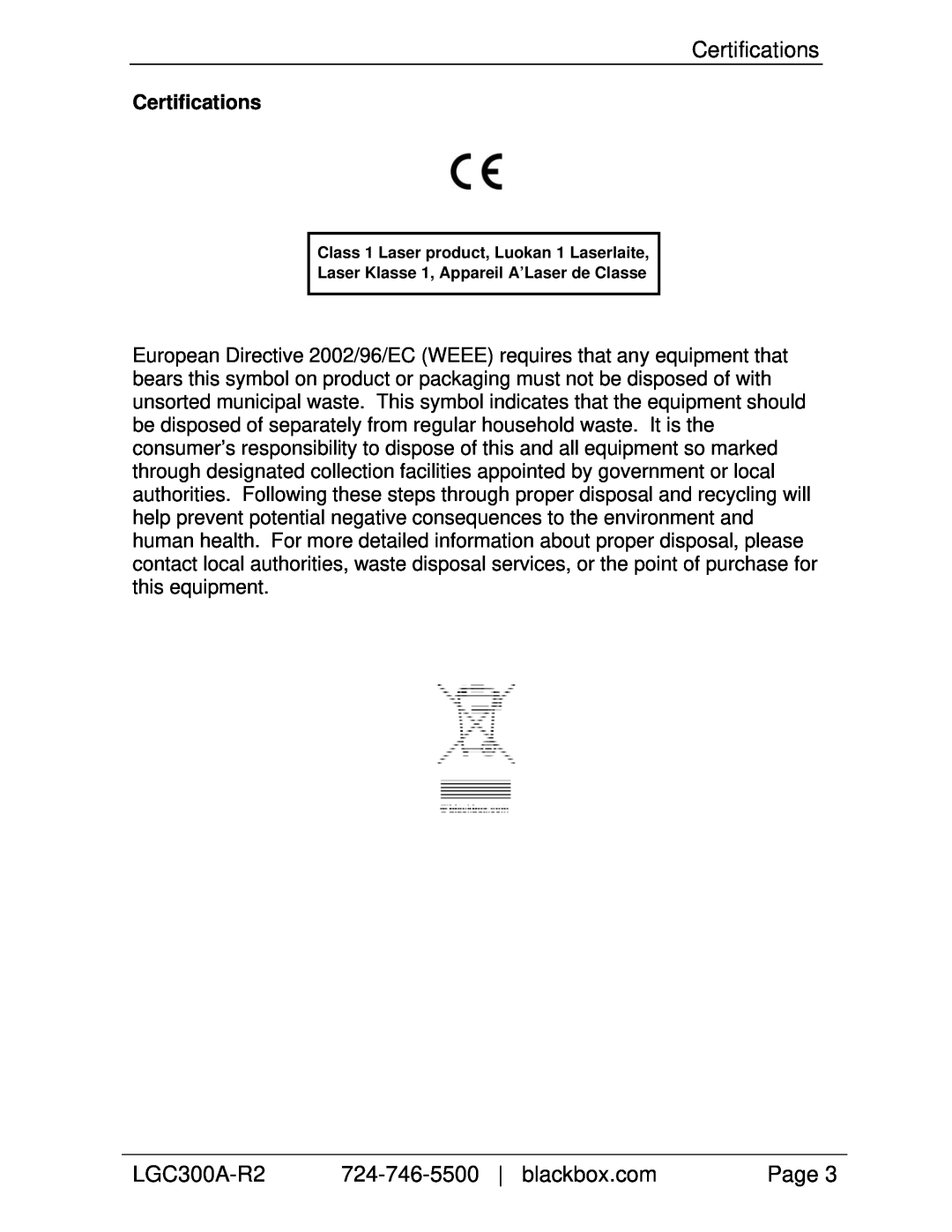 Black Box Industrial SFP/SFP Multi-Power Mode Converter manual Certifications, LGC300A-R2, Page 