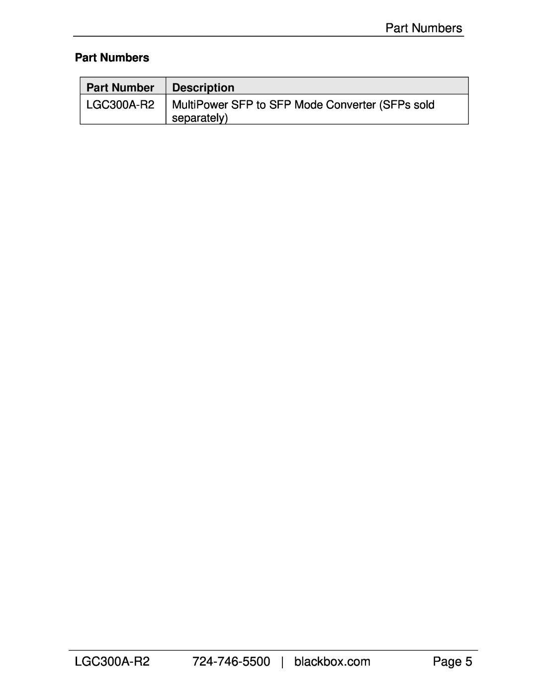 Black Box Industrial SFP/SFP Multi-Power Mode Converter manual Part Numbers, Description, LGC300A-R2, separately, Page 