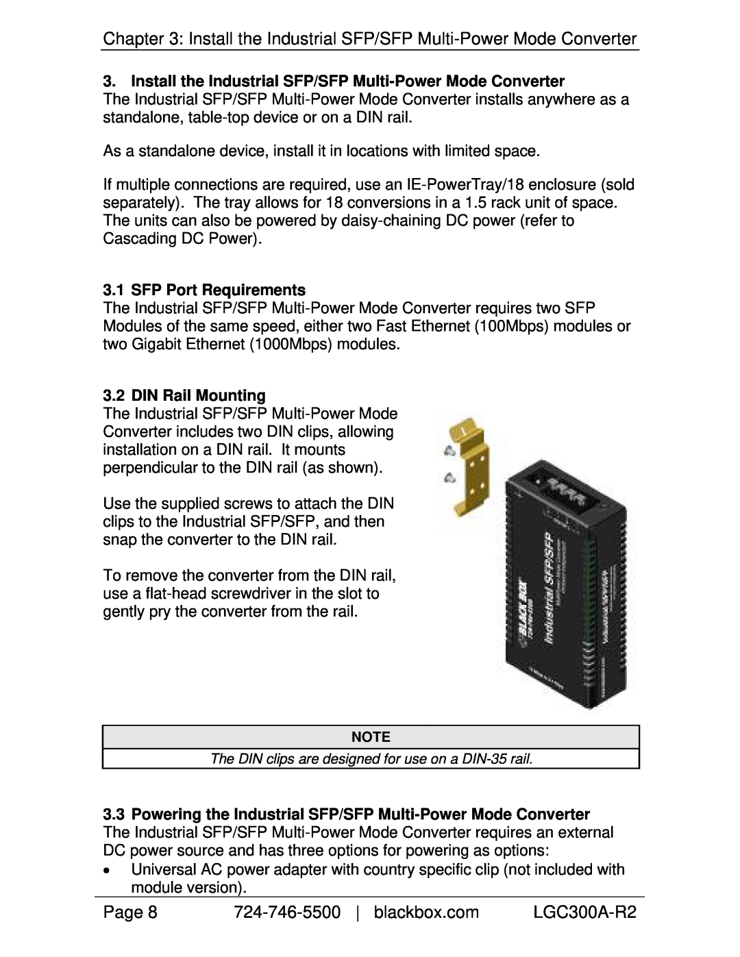 Black Box LGC300A-R2 Install the Industrial SFP/SFP Multi-Power Mode Converter, SFP Port Requirements, DIN Rail Mounting 