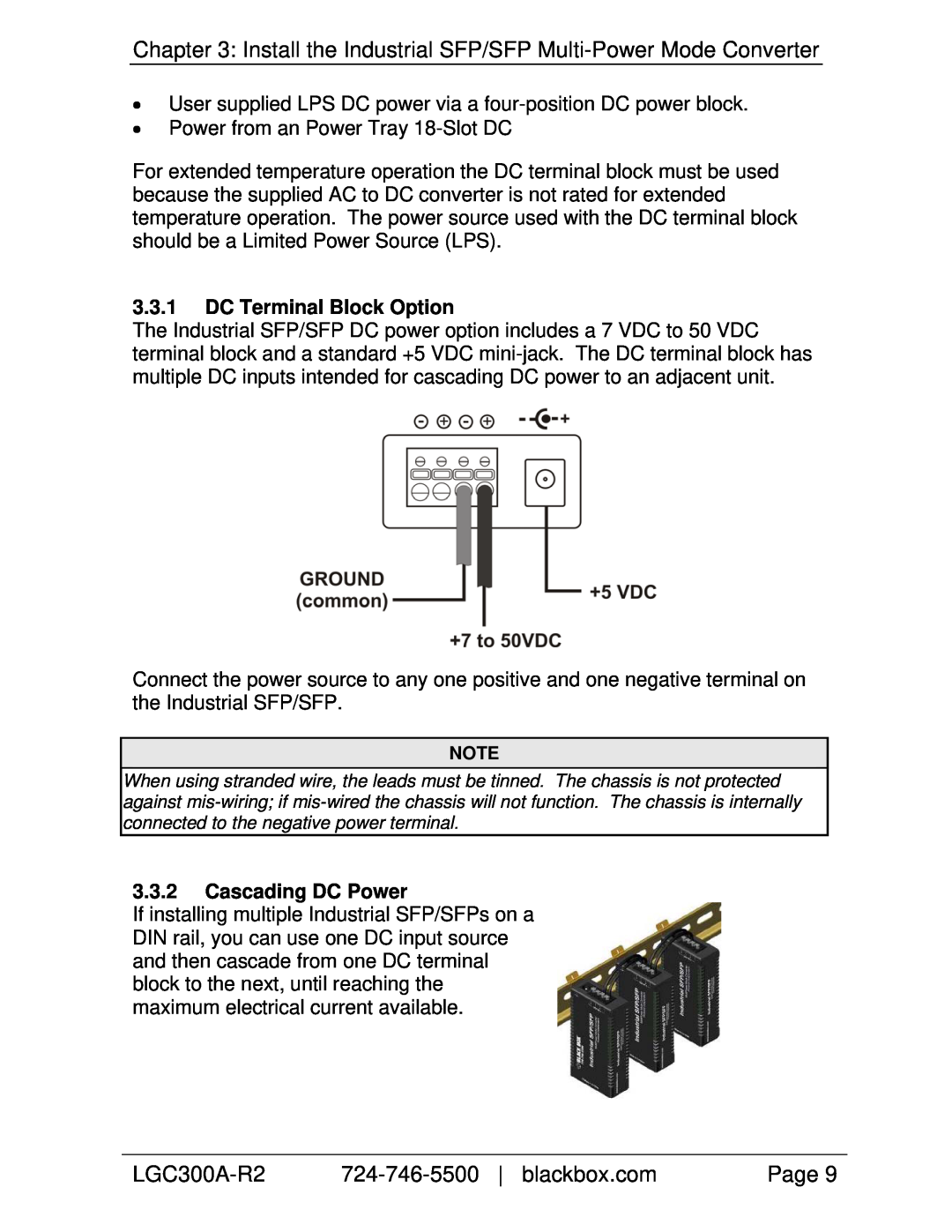 Black Box Industrial SFP/SFP Multi-Power Mode Converter DC Terminal Block Option, Cascading DC Power, LGC300A-R2, Page 