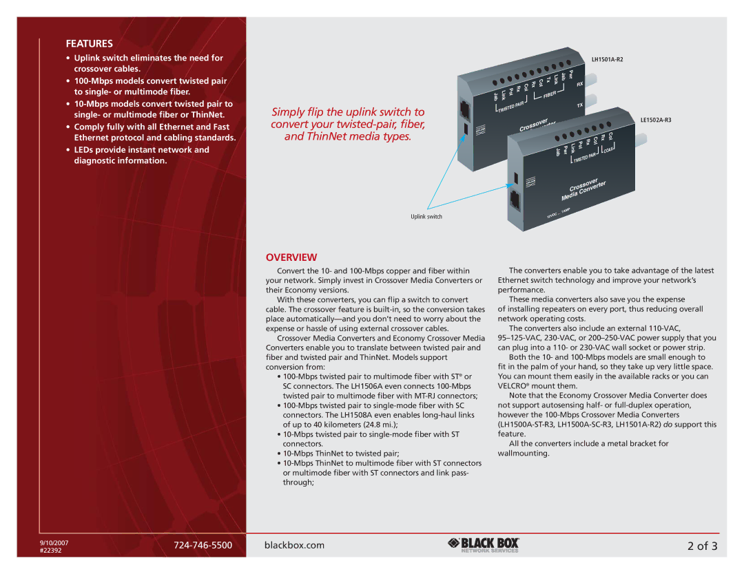 Black Box LH1501A-R2, LH1506ALH1508A, LH1503ALH1504A, LH1500A-SC-R3, LE1501A-R2LE1502A-R3 Features, Overview, Jab Pwr, Col 