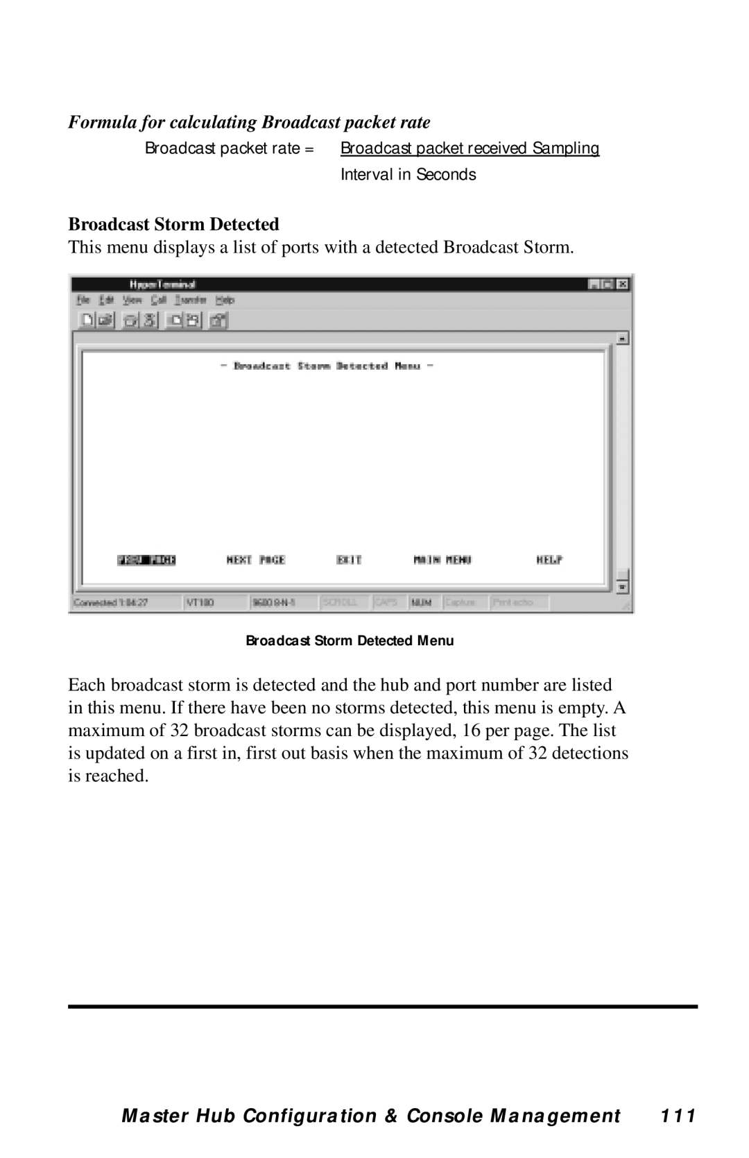 Black Box LH8112A-S, LH8124A manual Formula for calculating Broadcast packet rate, Broadcast Storm Detected 