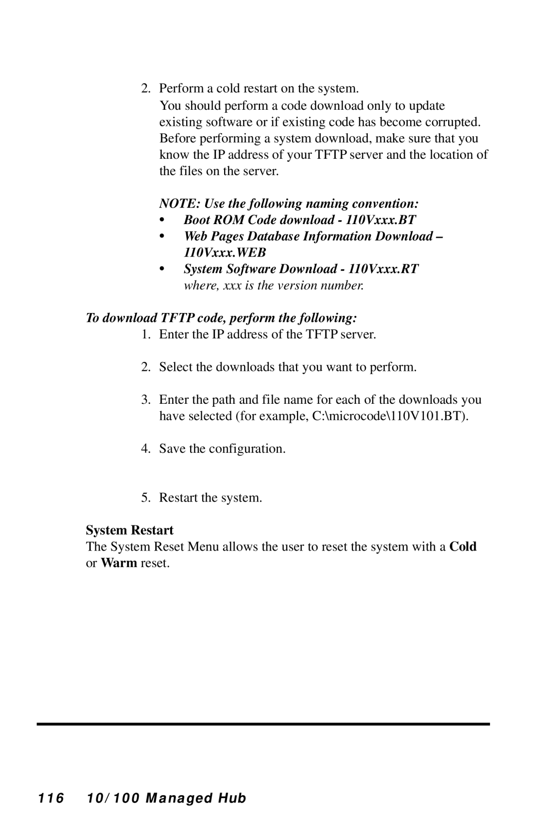 Black Box LH8112A-S, LH8124A manual To download Tftp code, perform the following, System Restart, 116 10/100 Managed Hub 