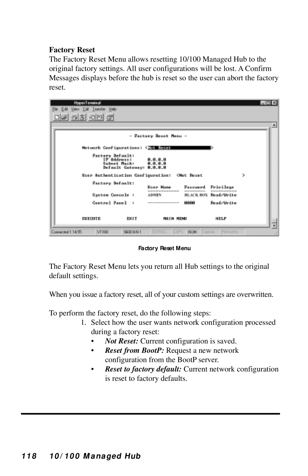 Black Box LH8124A, LH8112A-S manual Factory Reset, 118 10/100 Managed Hub 