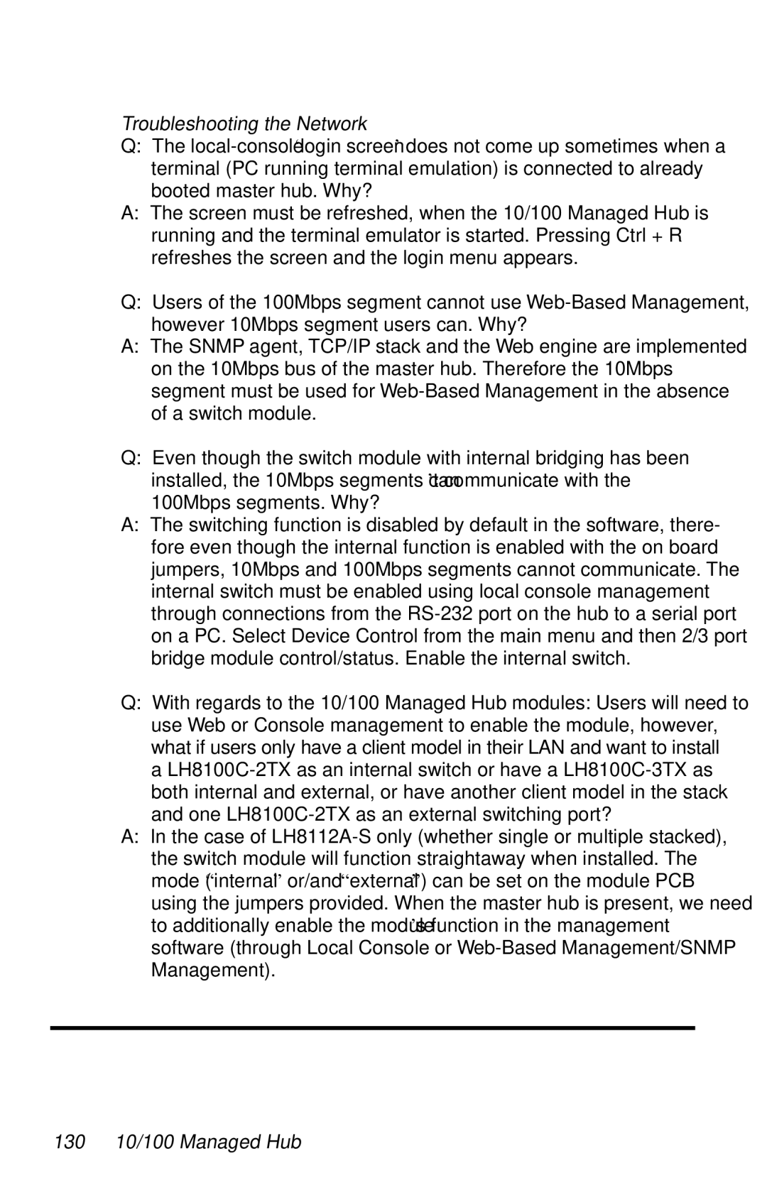 Black Box LH8124A, LH8112A-S manual Troubleshooting the Network, 130 10/100 Managed Hub 