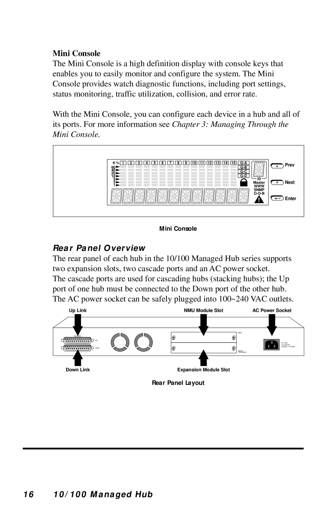 Black Box LH8124A, LH8112A-S manual Mini Console, Rear Panel Overview, 16 10/100 Managed Hub 