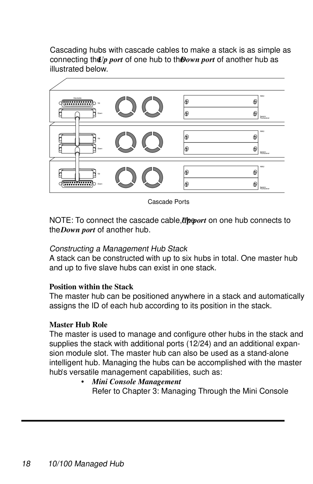 Black Box LH8112A-S Constructing a Management Hub Stack, Position within the Stack, Master Hub Role, 18 10/100 Managed Hub 