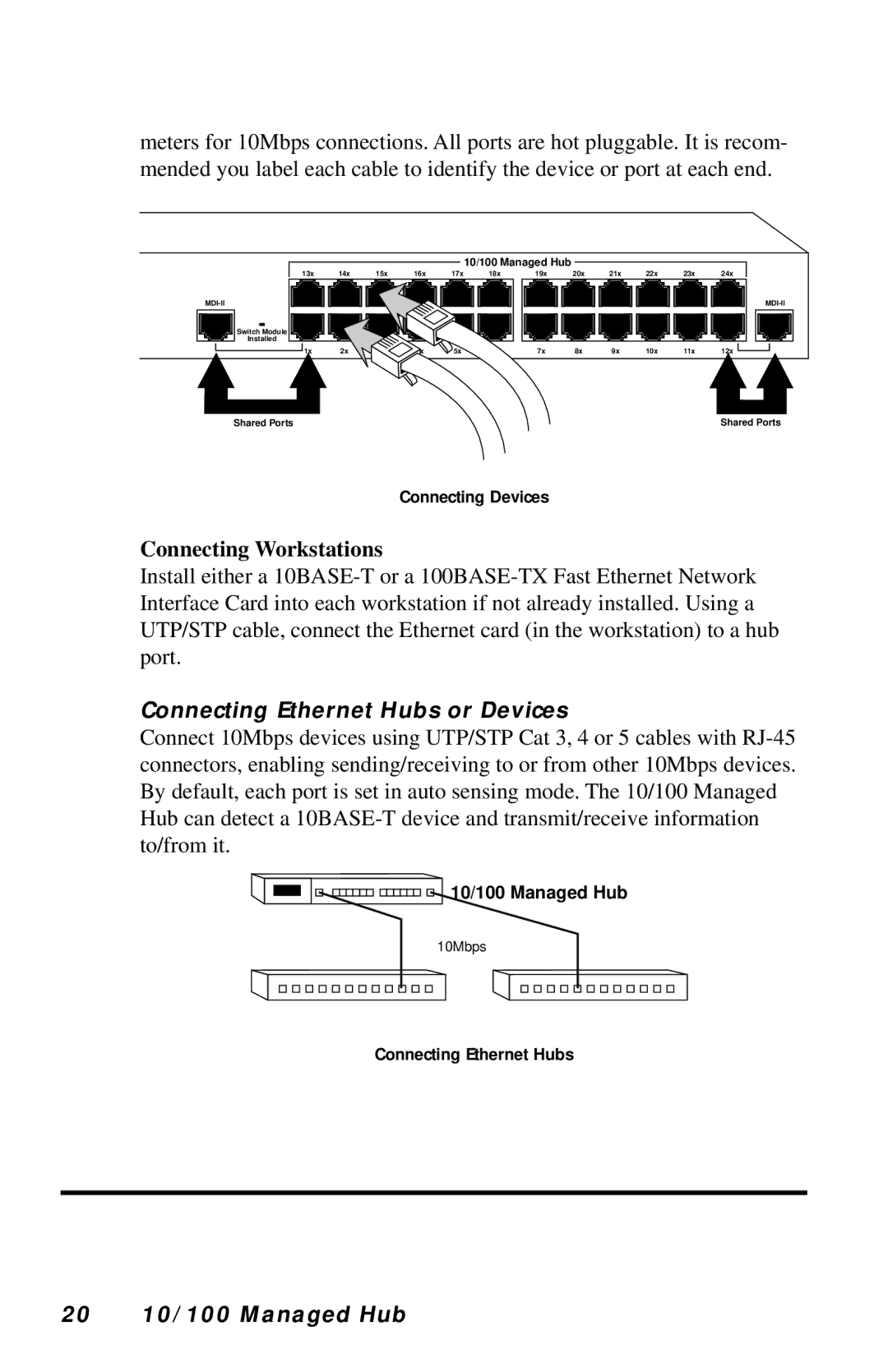 Black Box LH8112A-S, LH8124A manual Connecting Workstations, Connecting Ethernet Hubs or Devices, 20 10/100 Managed Hub 