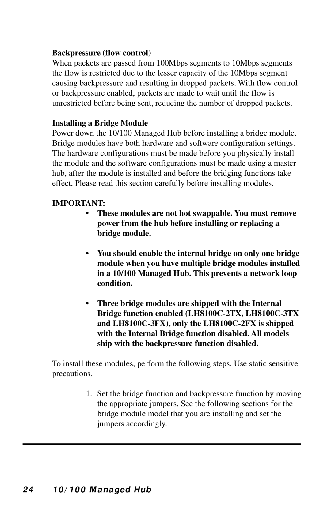 Black Box LH8112A-S, LH8124A manual Backpressure flow control, Installing a Bridge Module, 24 10/100 Managed Hub 