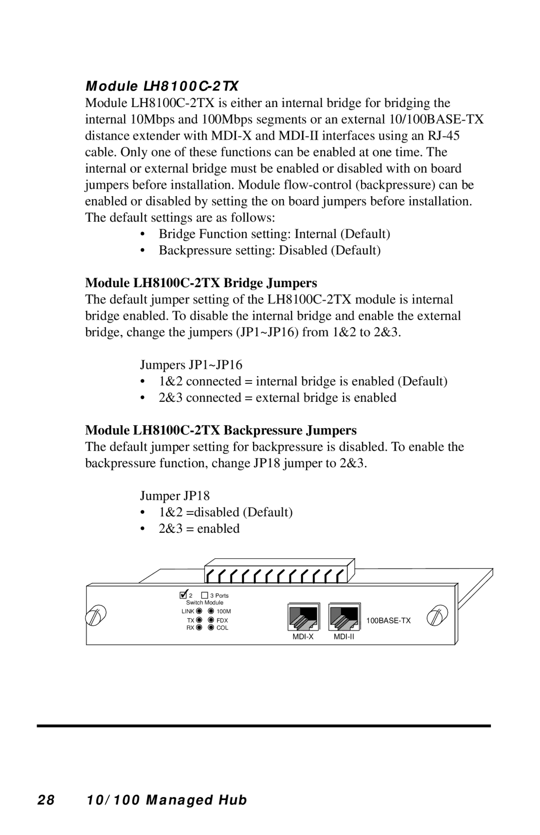 Black Box LH8124A Module LH8100C-2TX Bridge Jumpers, Module LH8100C-2TX Backpressure Jumpers, 28 10/100 Managed Hub 