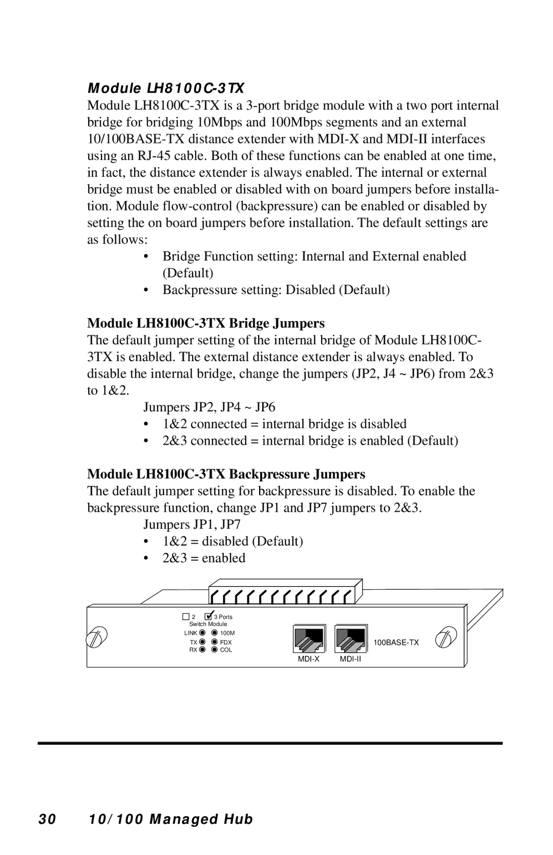 Black Box LH8112A-S Module LH8100C-3TX Bridge Jumpers, Module LH8100C-3TX Backpressure Jumpers, 30 10/100 Managed Hub 