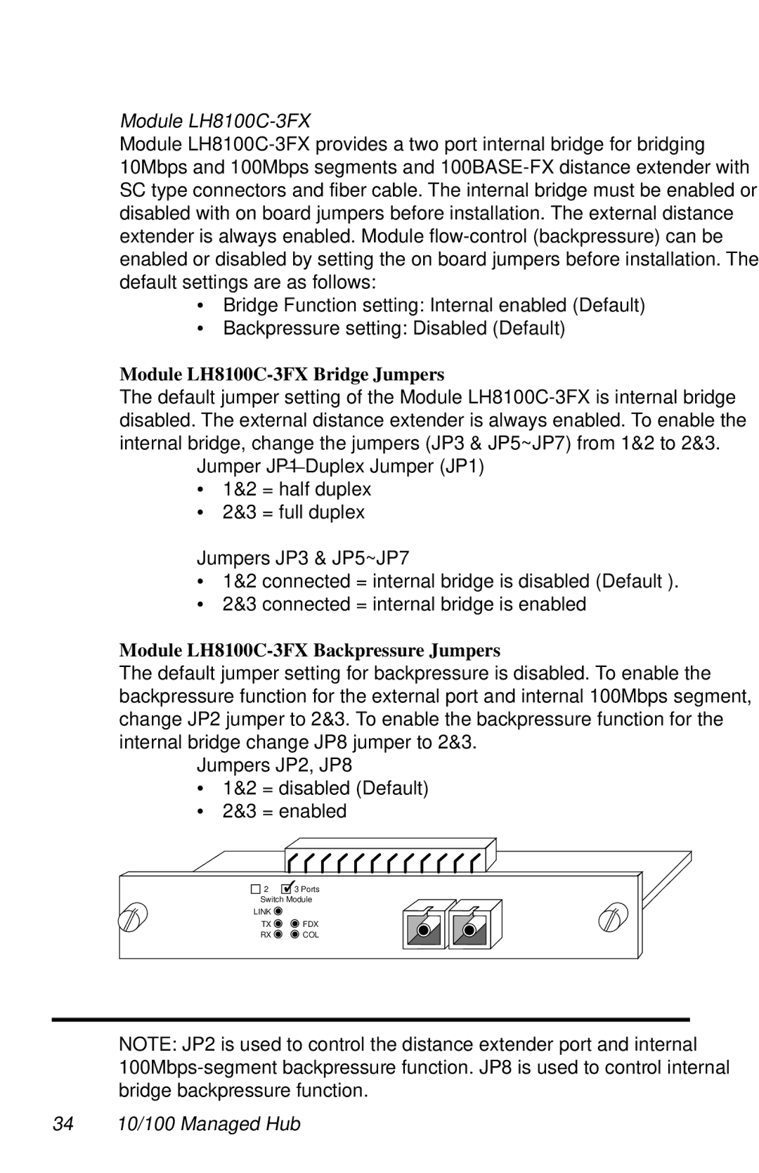 Black Box LH8124A Module LH8100C-3FX Bridge Jumpers, Module LH8100C-3FX Backpressure Jumpers, 34 10/100 Managed Hub 